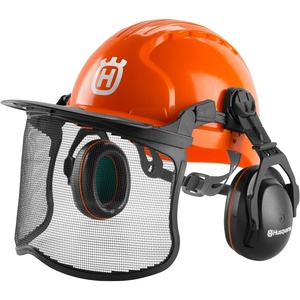 image:imageHusqvarna 592752701 Chainsaw Helmet with Metal Mesh Face Shield Adjustable Ear Muffs for Hearing Protection and Sun Peak HDPE Forestry Helmet Shell Orange